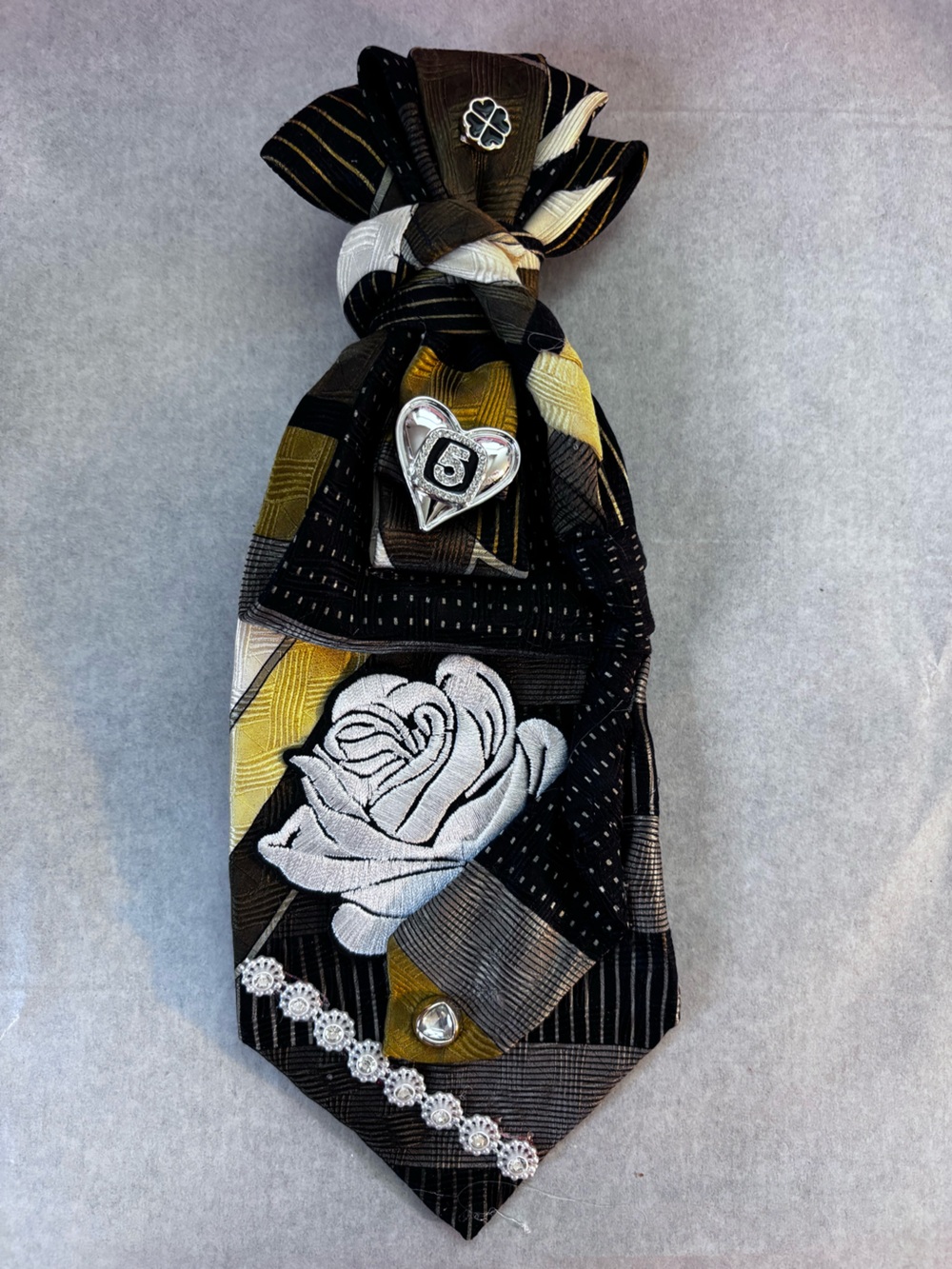 Women  Black & Gold Upcycle tie Patterned Tie with Silver Rose Accent